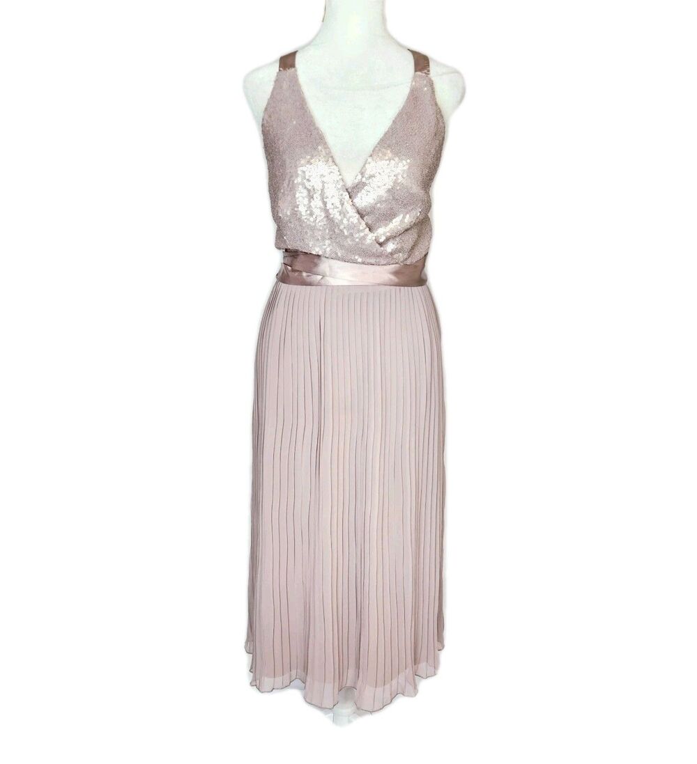 Little Mistress Sequin Pleated Midi Dress US 8 Pink Tie Back Balletcore Coquette